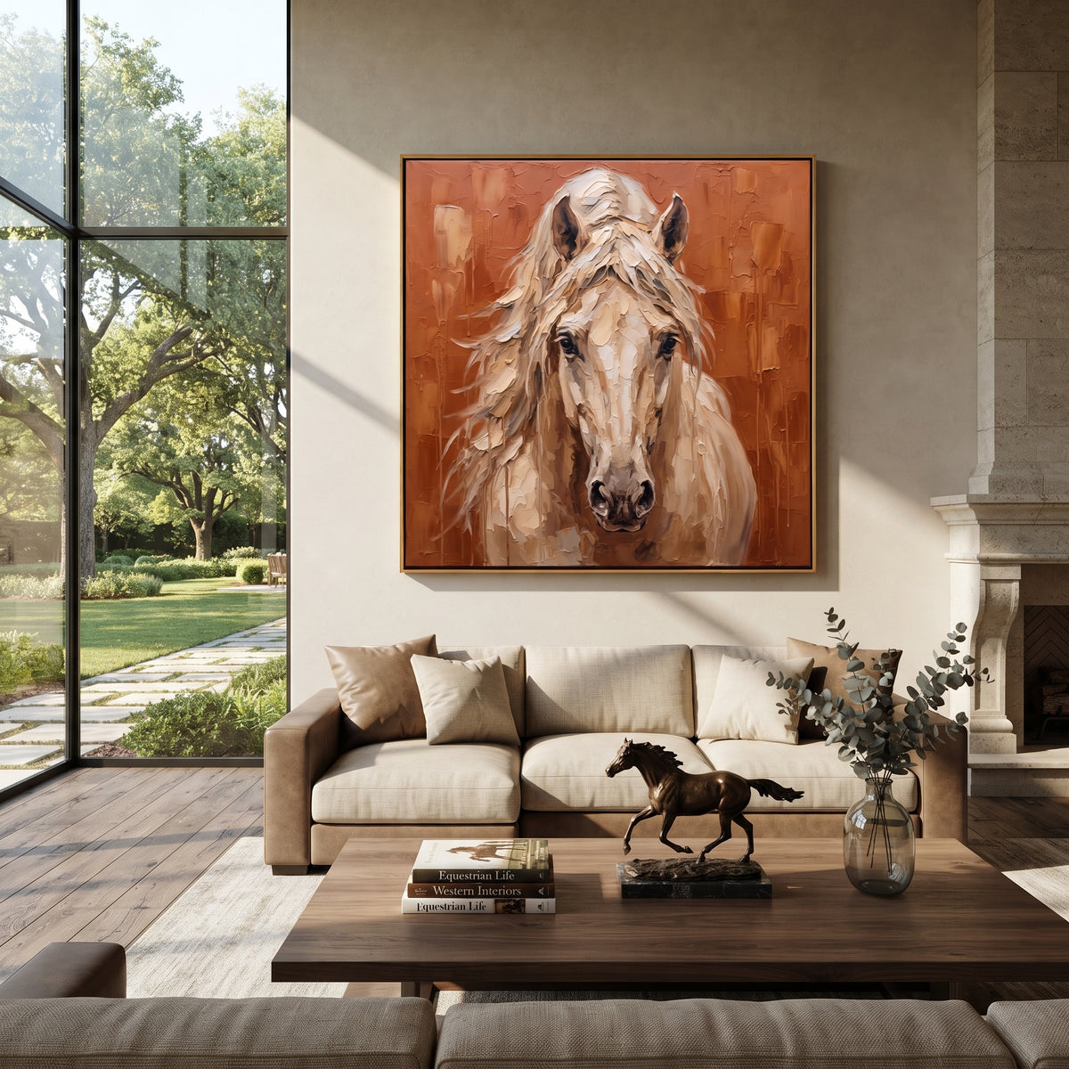 Copper Field Meets the Gaze - front-facing white horse painting, square textured equestrian wall art - displayed over a walnut sideboard