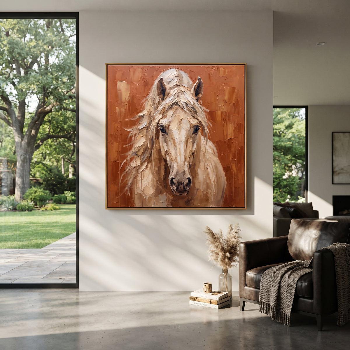Copper Field Meets the Gaze - front-facing white horse painting, square textured equestrian wall art - displayed beside a leather armchair