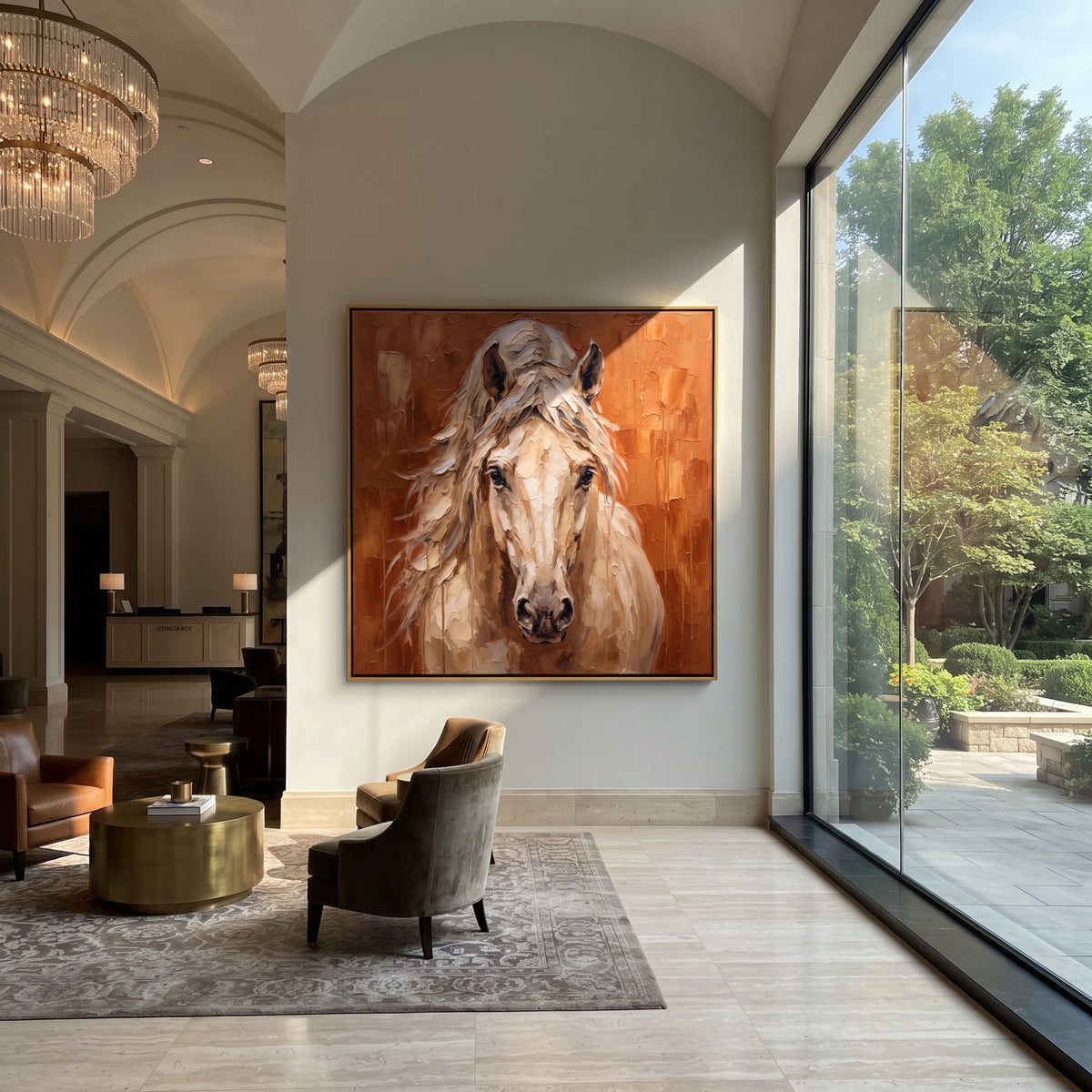 Copper Field Meets the Gaze - front-facing white horse painting, square textured equestrian wall art - displayed at the end of an entryway