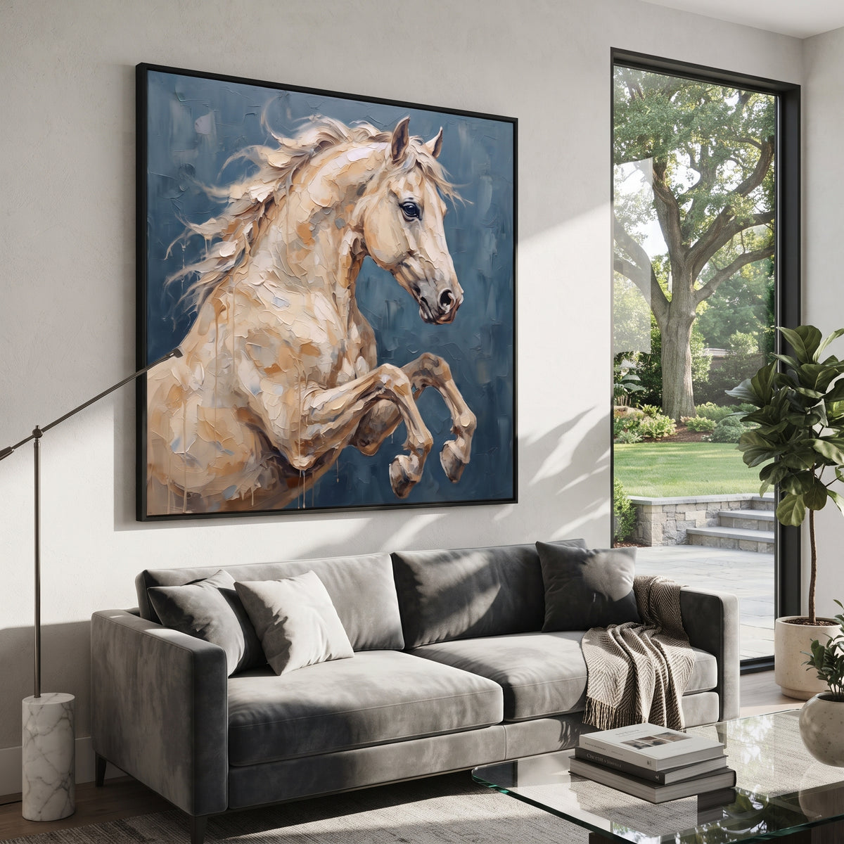 The Pale Stallion Rises - rearing white horse painting, square textured equestrian wall art - displayed above a contemporary living room cabinet
