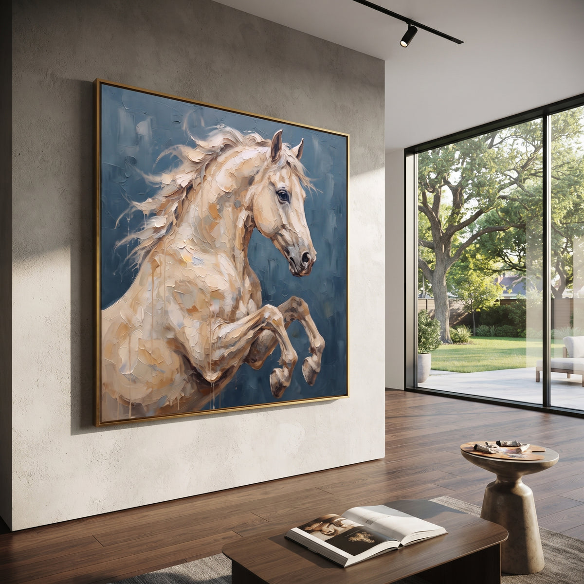 The Pale Stallion Rises - rearing white horse painting, square textured equestrian wall art - displayed in a refined home office