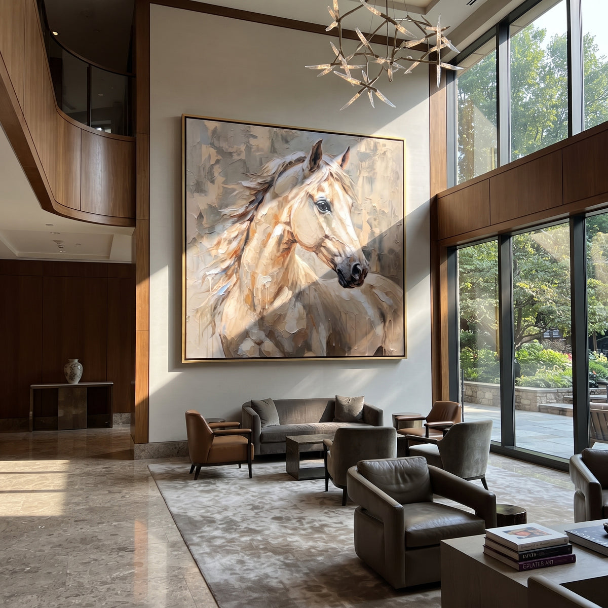 Silver Wind Turns the Mare - white horse three-quarter portrait, square textured equestrian wall art - displayed over a calm upholstered bed
