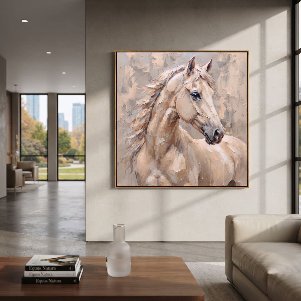 Silver Wind Turns the Mare - white horse three-quarter portrait, square textured equestrian wall art - displayed in a softly lit entryway