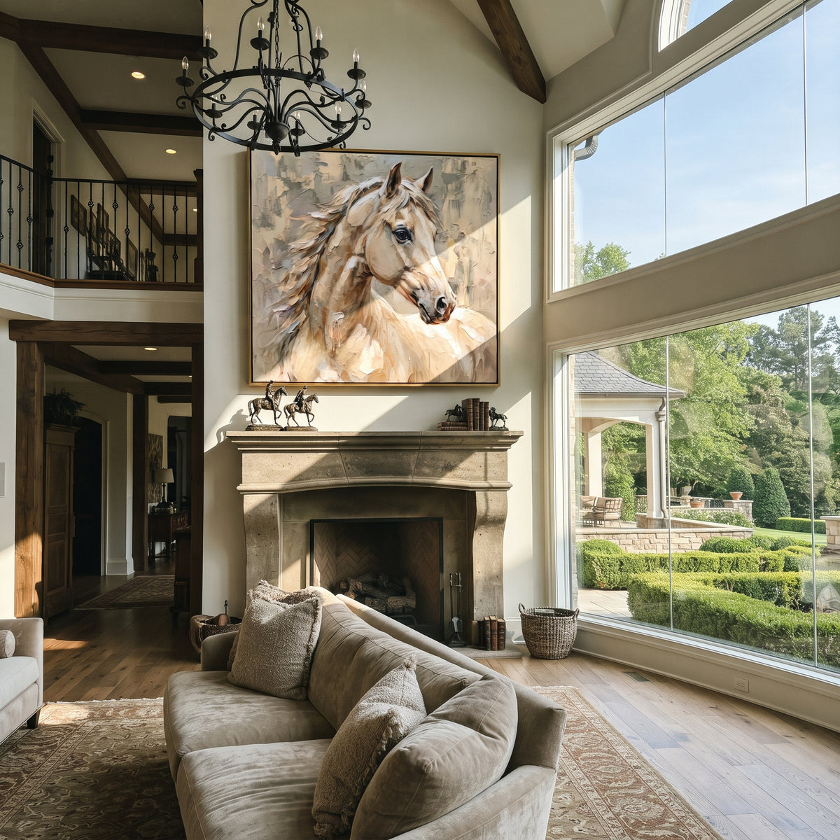 Silver Wind Turns the Mare - white horse three-quarter portrait, square textured equestrian wall art - displayed above a stone cabinet