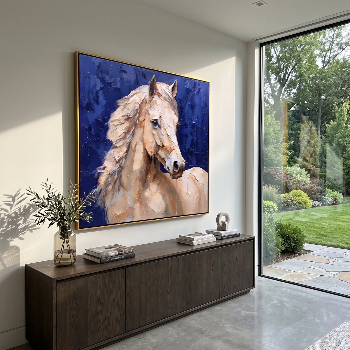 Ivory Horse Against Cobalt - white horse portrait on blue, square textured equestrian wall art - displayed above a bright living room console