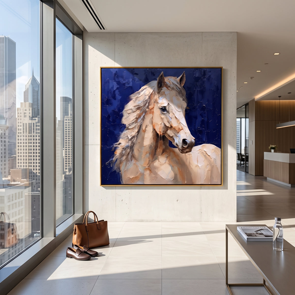 Ivory Horse Against Cobalt - white horse portrait on blue, square textured equestrian wall art - displayed over a boutique hotel cabinet