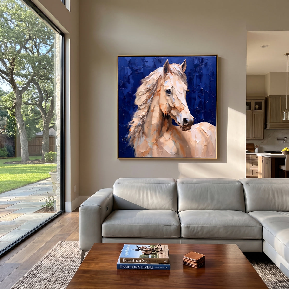 Ivory Horse Against Cobalt - white horse portrait on blue, square textured equestrian wall art - displayed above a modern fireplace