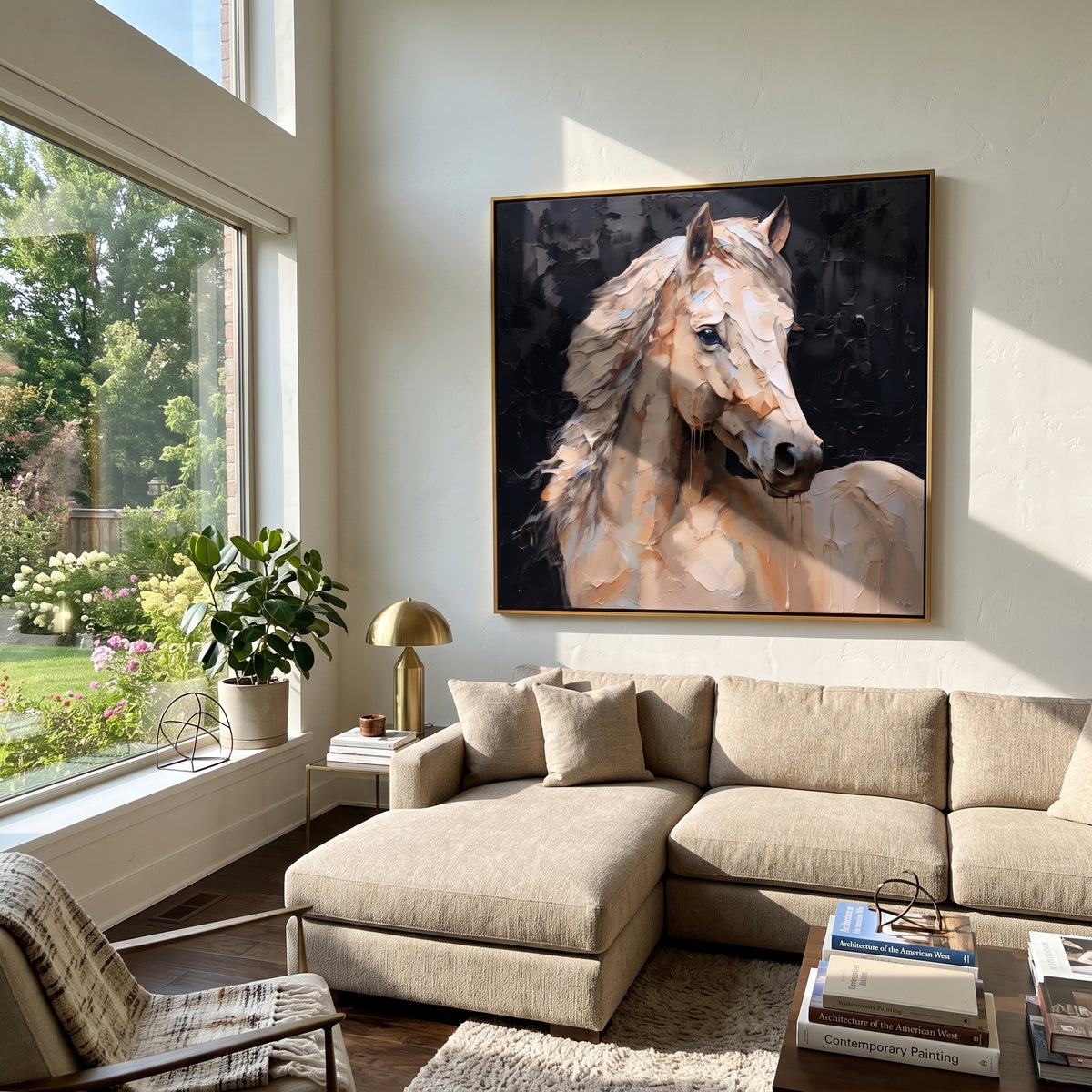 Ivory Form Holds the Night - white horse portrait on black, square textured equestrian wall art - displayed above a dark living room console