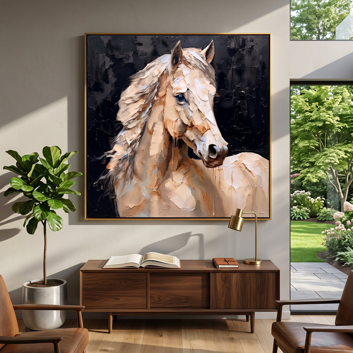 Ivory Form Holds the Night - white horse portrait on black, square textured equestrian wall art - displayed in a refined home office