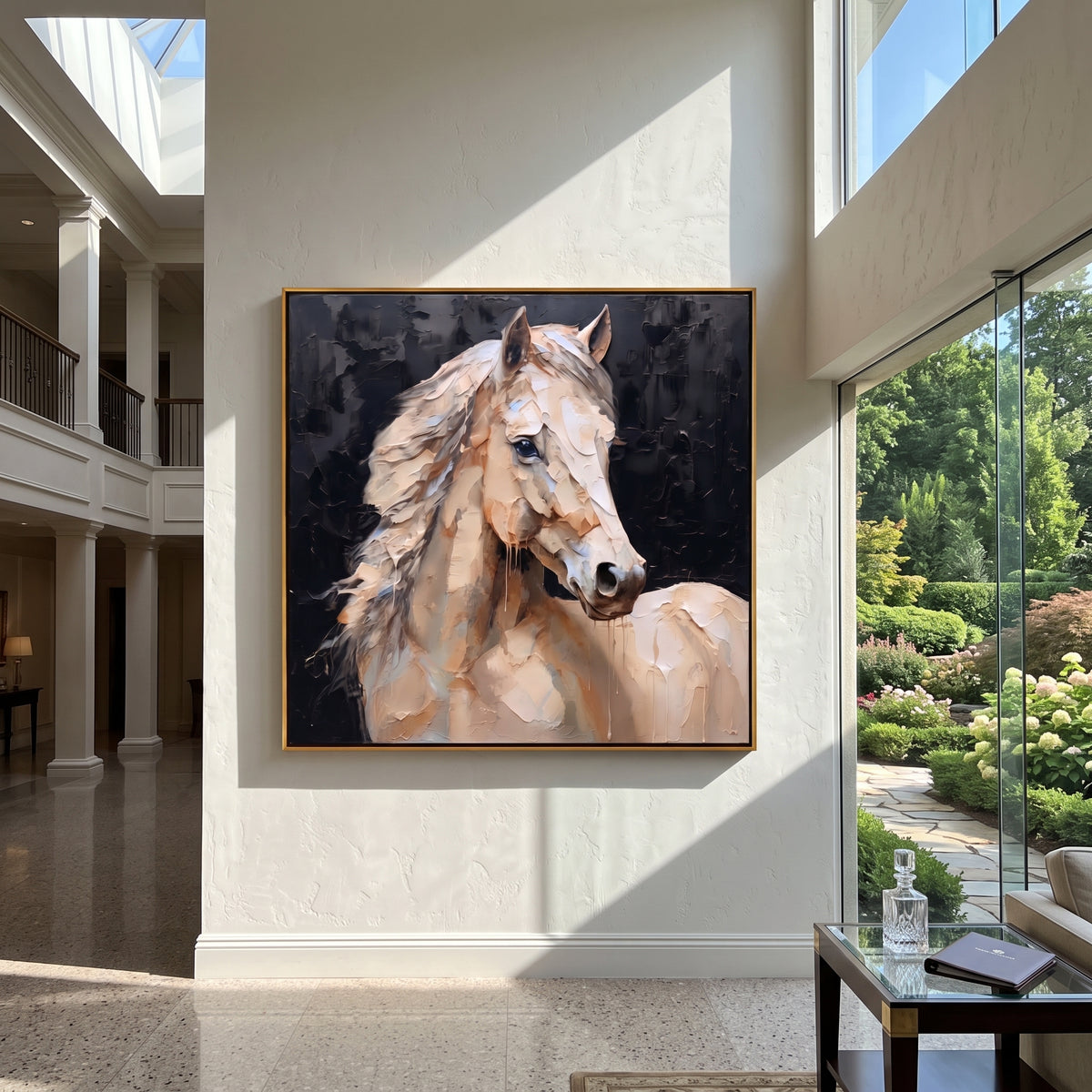 Ivory Form Holds the Night - white horse portrait on black, square textured equestrian wall art - displayed over a boutique hotel sideboard