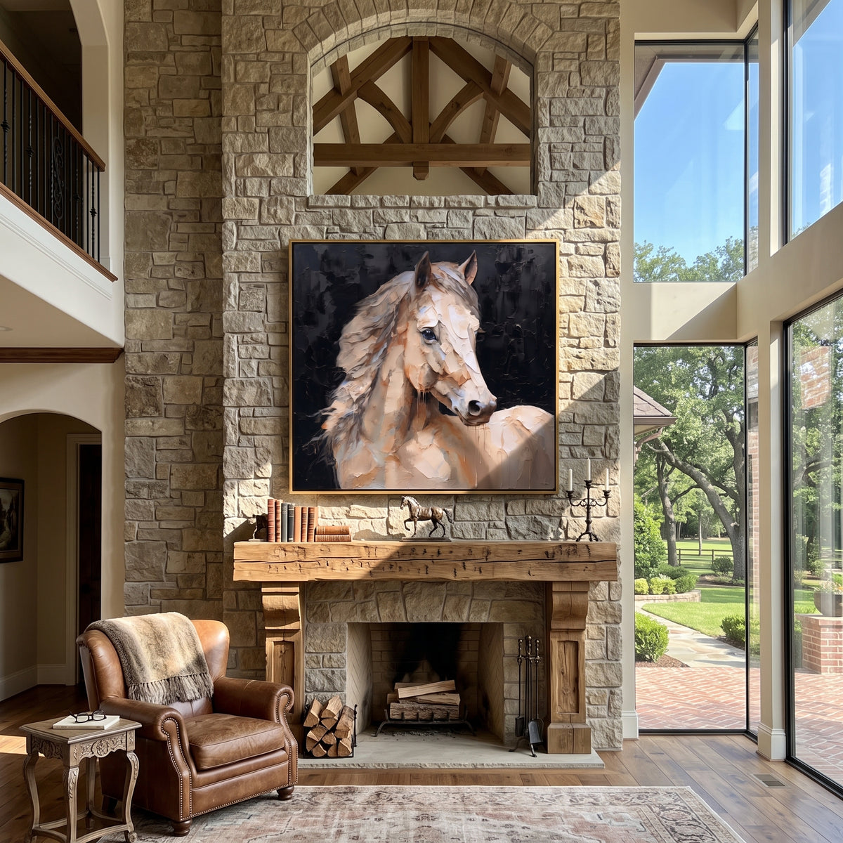 Ivory Form Holds the Night - white horse portrait on black, square textured equestrian wall art - displayed above a stone fireplace