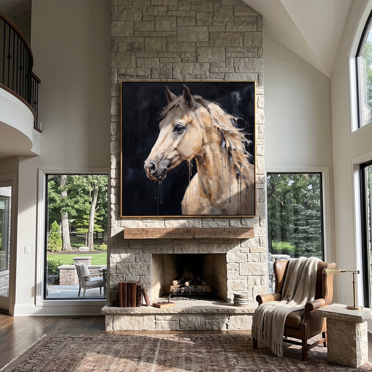 Rain Trails from the White Mane - white horse profile on black, square textured equestrian wall art - displayed above a minimalist living room cabinet