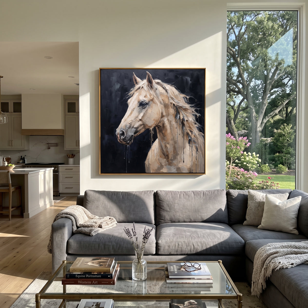 Rain Trails from the White Mane - white horse profile on black, square textured equestrian wall art - displayed in a monochrome home office