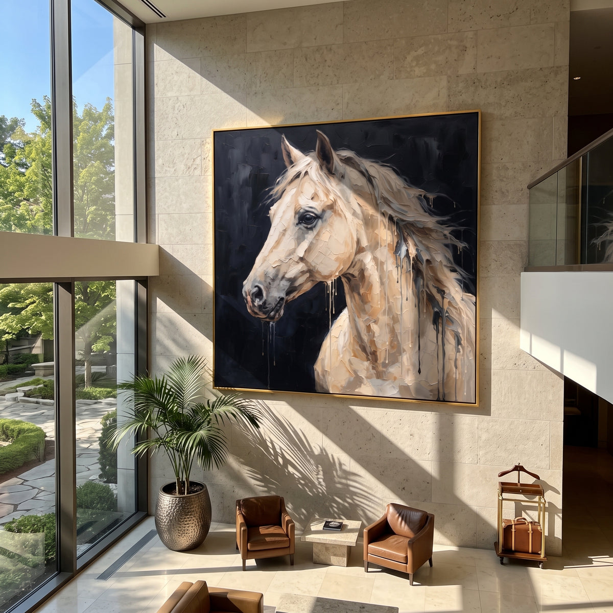 Rain Trails from the White Mane - white horse profile on black, square textured equestrian wall art - displayed over a narrow entryway console