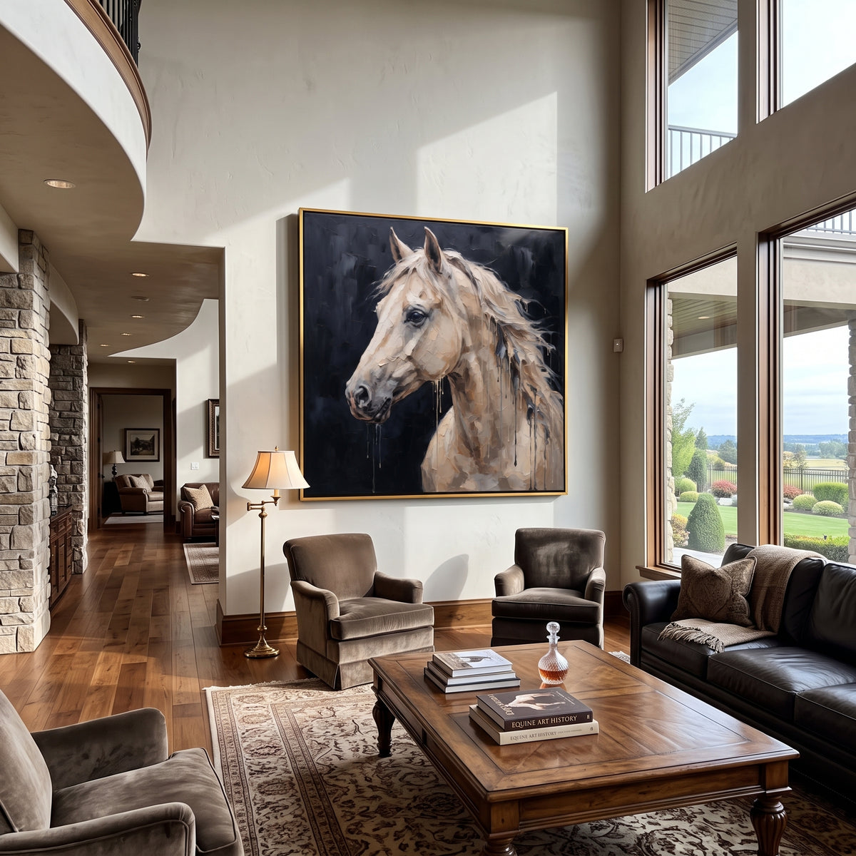 Rain Trails from the White Mane - white horse profile on black, square textured equestrian wall art - displayed beside a leather reading chair