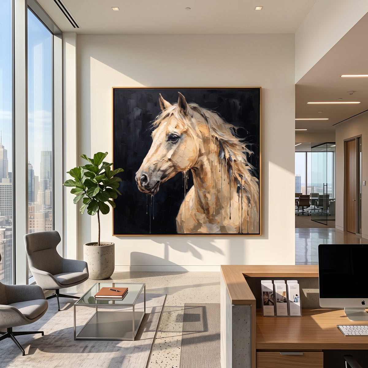 Rain Trails from the White Mane - white horse profile on black, square textured equestrian wall art - displayed above a dark stone sideboard