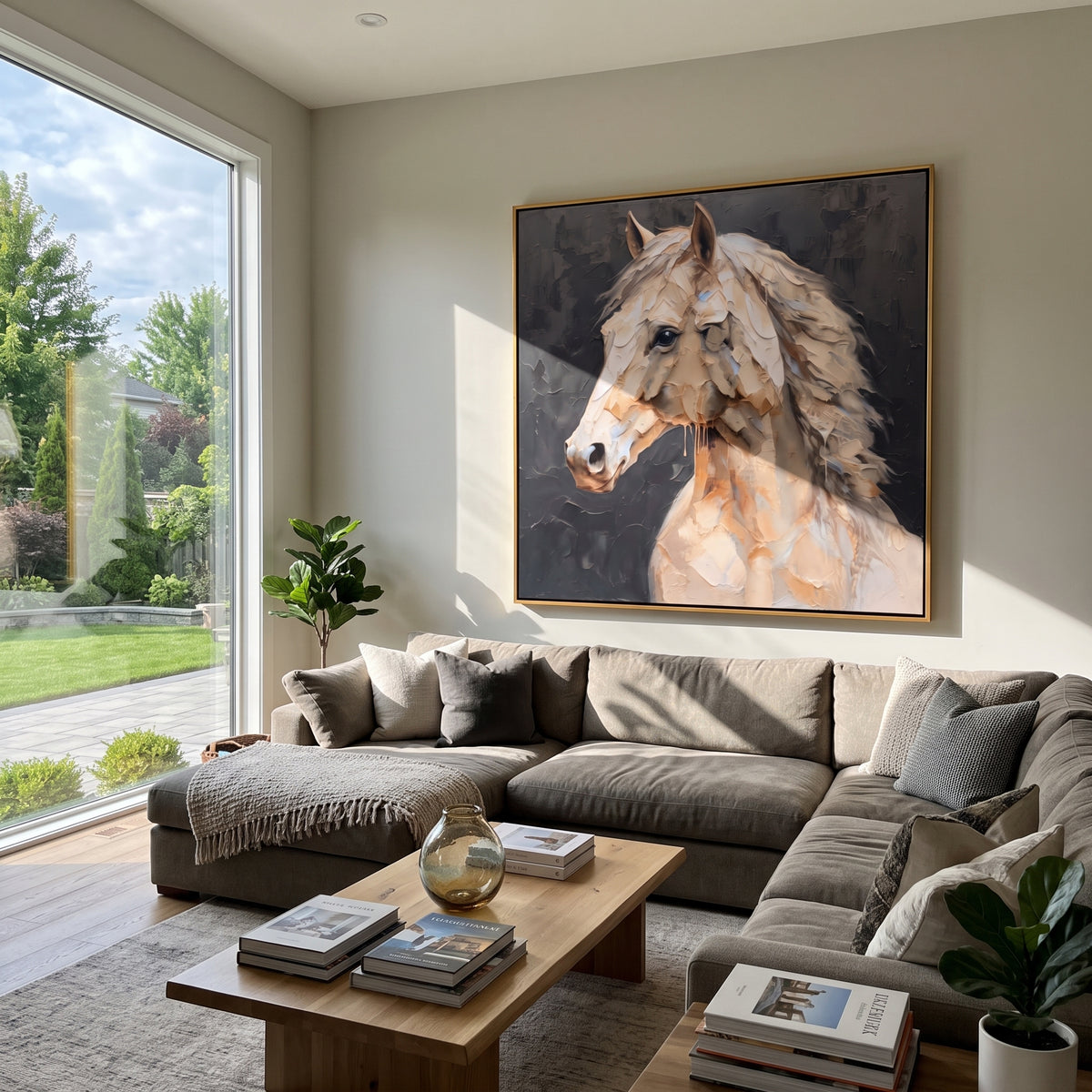 Wind Shapes the Pale Mare - white horse portrait on charcoal, square textured equestrian wall art - displayed over a neutral bedroom dresser