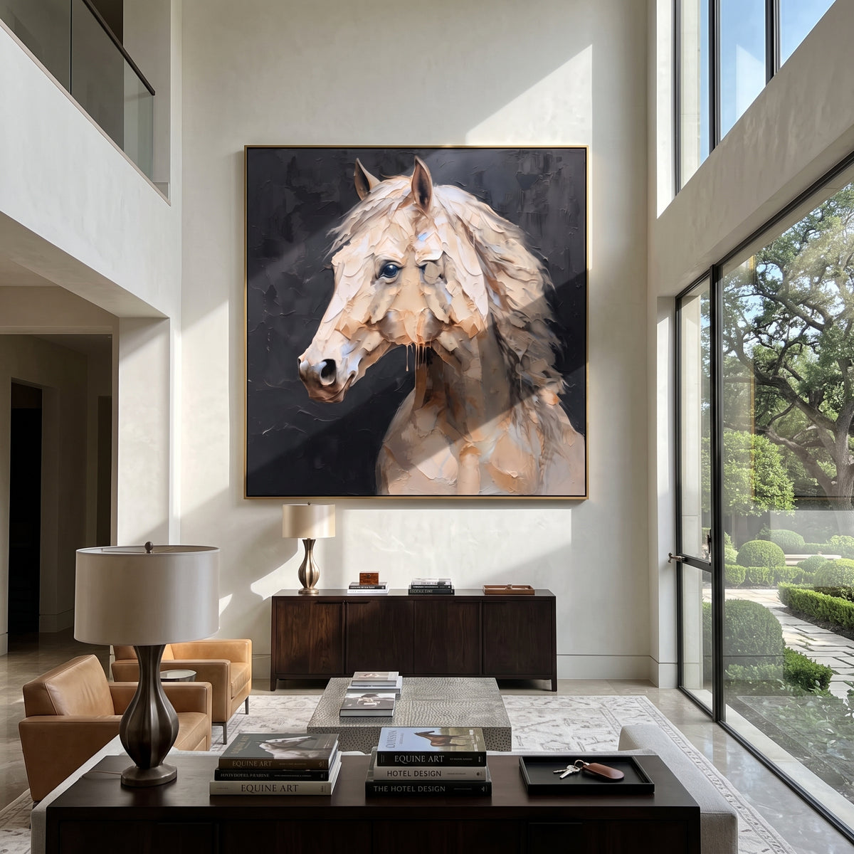 Wind Shapes the Pale Mare - white horse portrait on charcoal, square textured equestrian wall art - displayed in a quiet hotel suite
