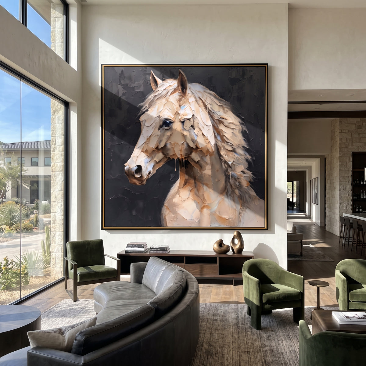 Wind Shapes the Pale Mare - white horse portrait on charcoal, square textured equestrian wall art - displayed beside a pale lounge chair