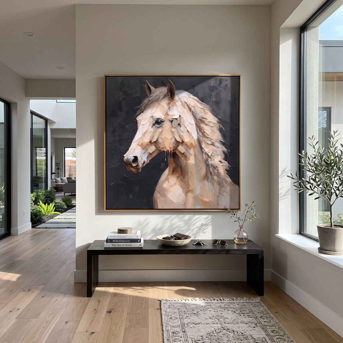 Wind Shapes the Pale Mare - white horse portrait on charcoal, square textured equestrian wall art - displayed above a charcoal console