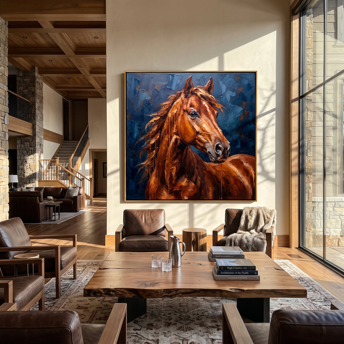 Chestnut Fire Crosses Blue - chestnut horse portrait painting, square textured equestrian wall art - displayed above a warm living room sideboard