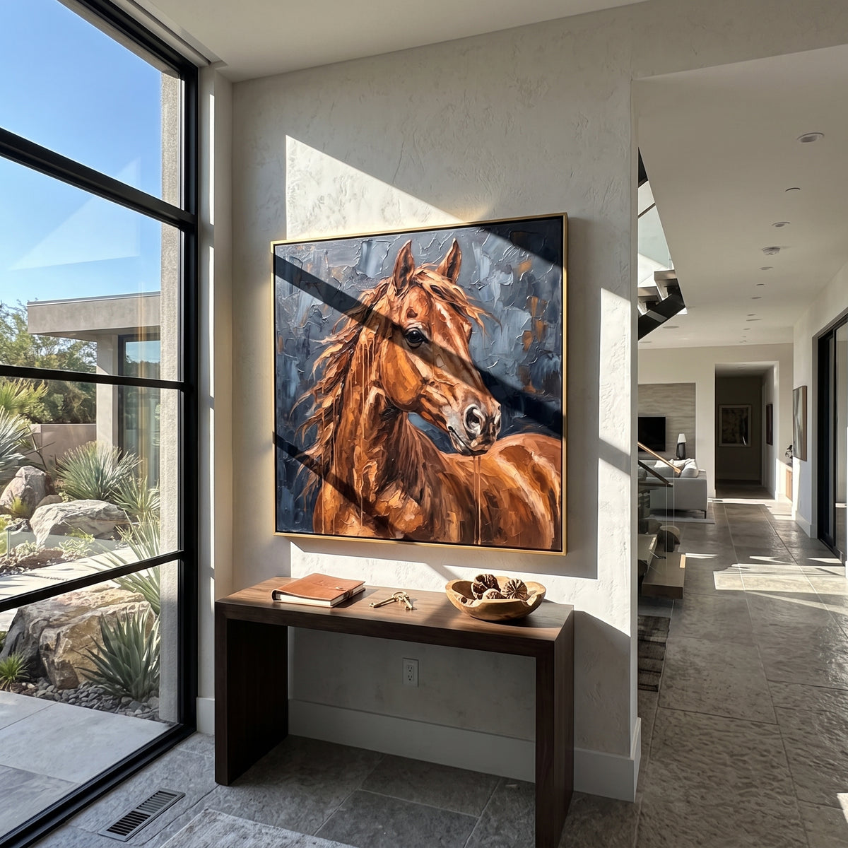 Chestnut Fire Crosses Blue - chestnut horse portrait painting, square textured equestrian wall art - displayed in a wood-lined home office