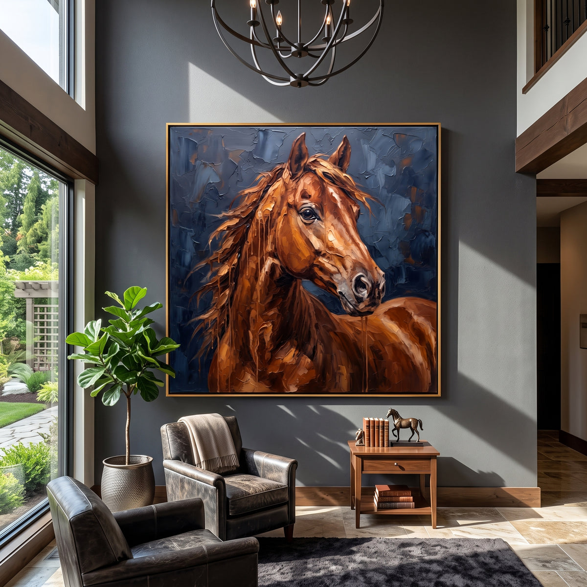 Chestnut Fire Crosses Blue - chestnut horse portrait painting, square textured equestrian wall art - displayed above a modern fireplace