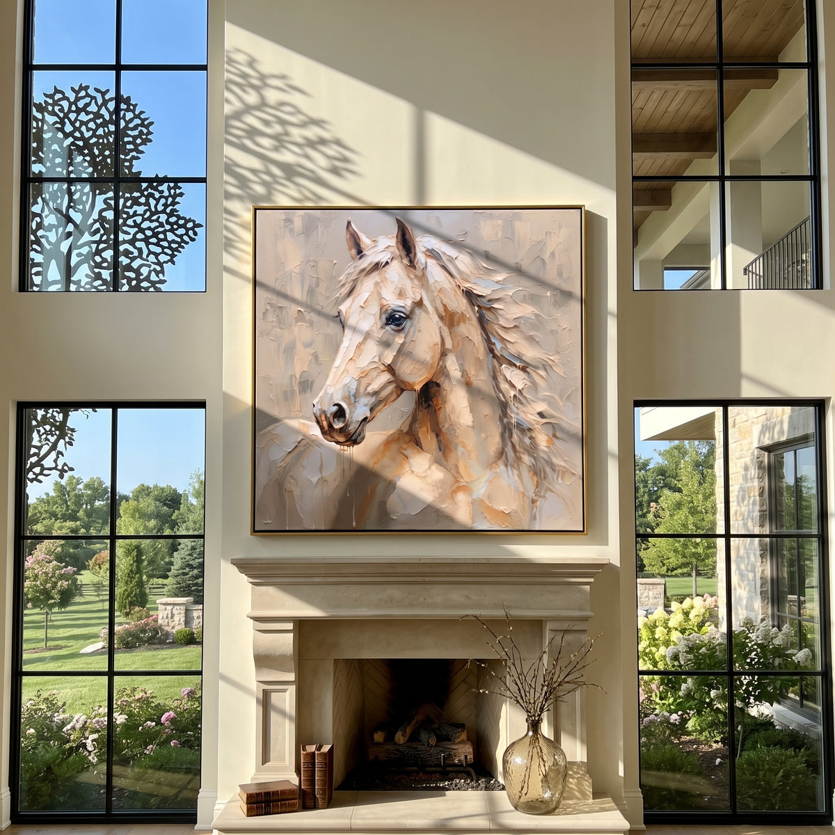 Cream Mane Meets Morning Mist - white horse portrait painting, square textured equestrian wall art - displayed above a cream living room console