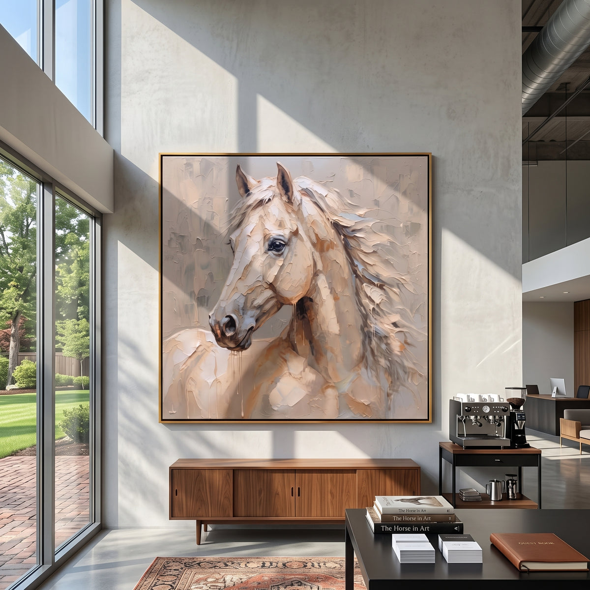 Cream Mane Meets Morning Mist - white horse portrait painting, square textured equestrian wall art - displayed in a bright entryway