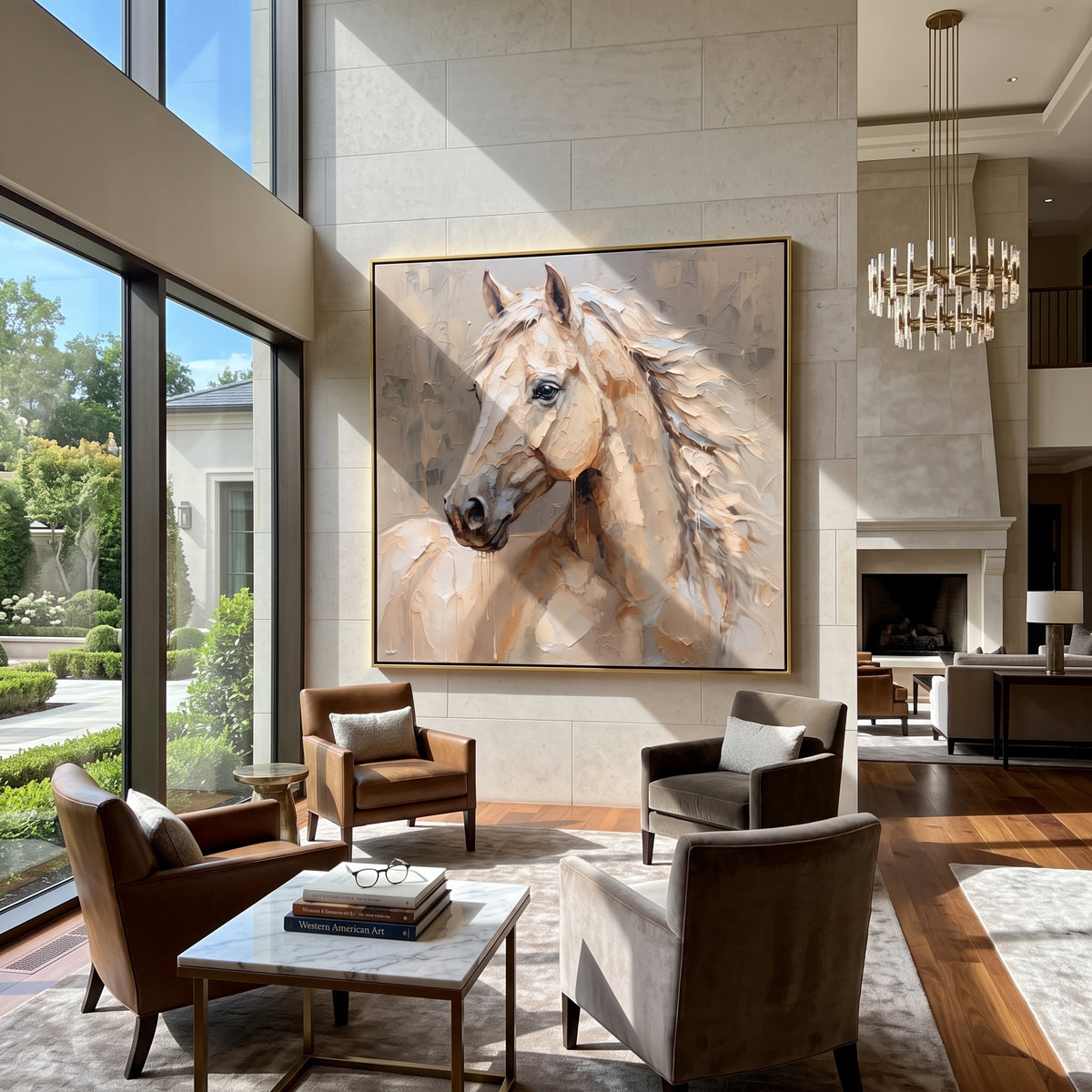 Cream Mane Meets Morning Mist - white horse portrait painting, square textured equestrian wall art - displayed beside a light oak cabinet