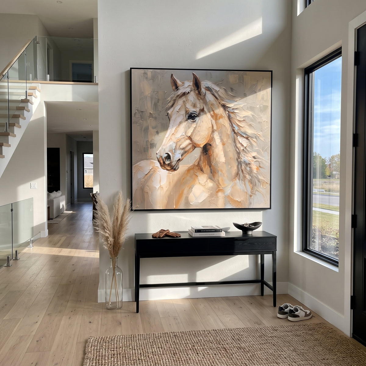 Cream Mane Meets Morning Mist - white horse portrait painting, square textured equestrian wall art - displayed above a quiet reading nook