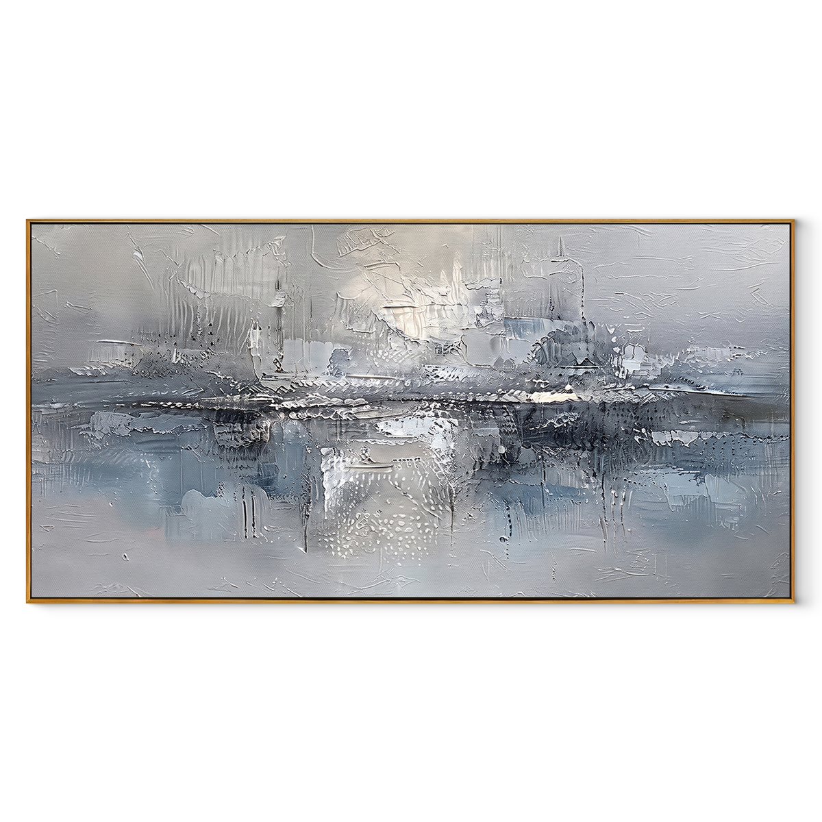 Silver Harbor in Fog – Grey Blue Atmospheric Abstract Painting | Modern Horizontal Wall Art