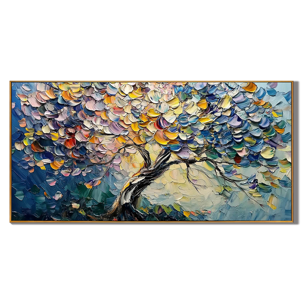 Vibrant Bloom – Hand-Painted Rainbow Tree 3D Palette Knife Floral Painting | Vibrant Botanical Living Room & Dining Room Art