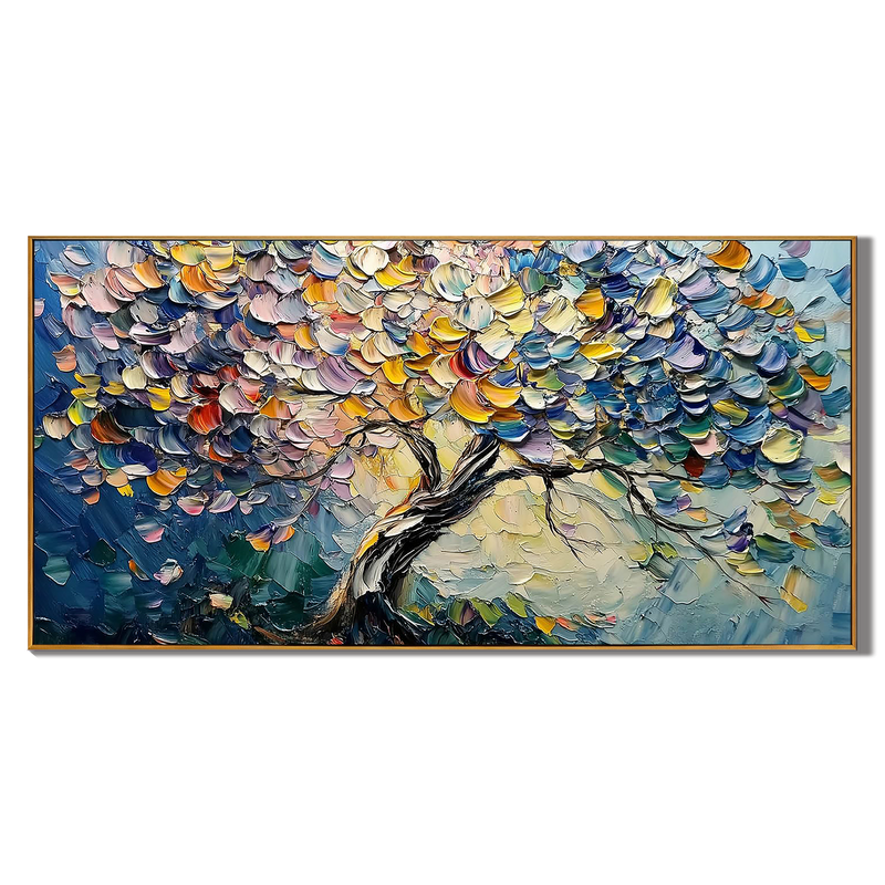 Vibrant Bloom – Hand-Painted Rainbow Tree 3D Palette Knife Floral Painting | Vibrant Botanical Living Room & Dining Room Art