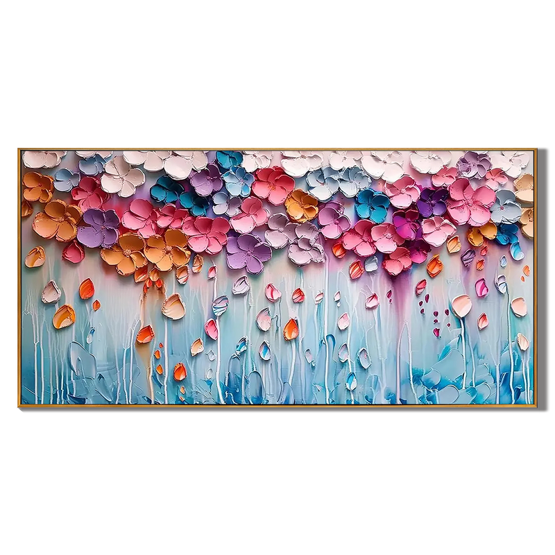 Dreamy Floral Rain – Modern Vibrant Impasto Pastel Flowers Painting | Healing Romantic Living Room Art