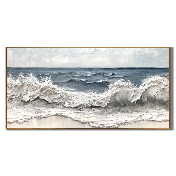 Deep Sea Echo – Modern Textured Painting | Creative Navy Blue Crashing Wave Living Room Decor