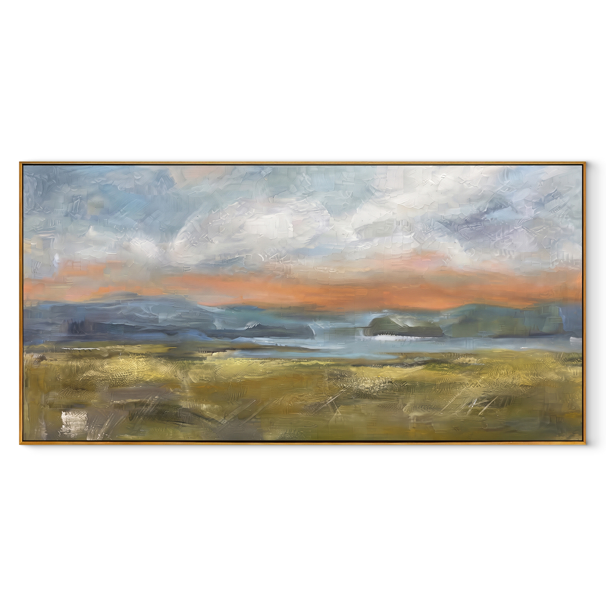 Distant Field After Rain – Muted Sunset Field Painting | Modern Horizontal Wall Art