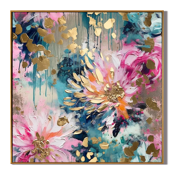 Aurora Bloom – Hand-Painted Multicolored Pink and Teal Gold Foil Abstract Floral Painting | Modern Luxury Botanical Bedroom & Living Room Art