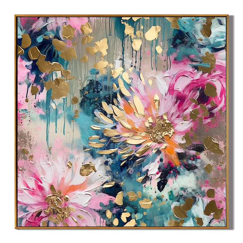 Aurora Bloom – Hand-Painted Multicolored Pink and Teal Gold Foil Abstract Floral Painting | Modern Luxury Botanical Bedroom & Living Room Art