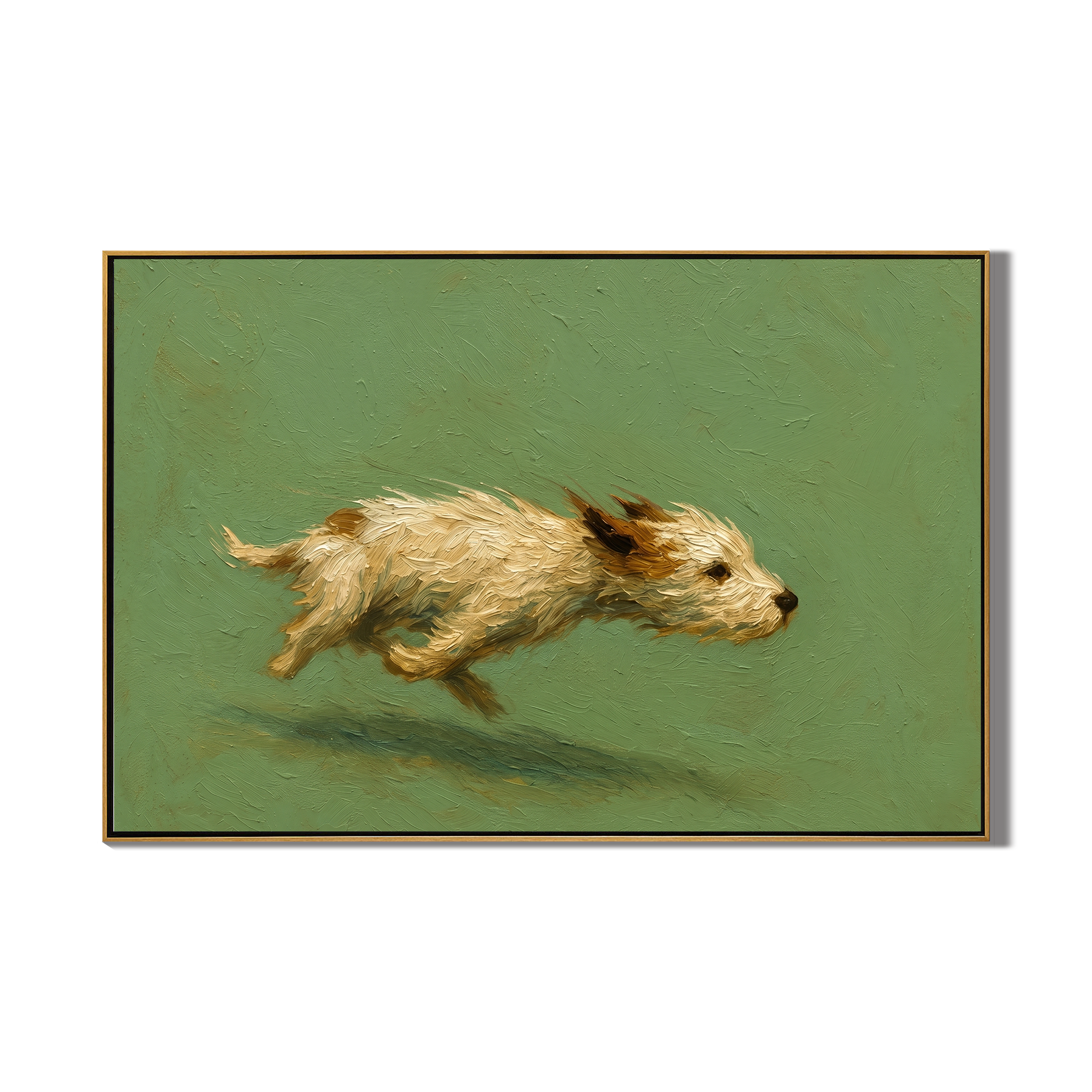 Free Spirit Run – Sage Green Minimalist Impasto Dog Oil Painting | Modern Cozy Pet Theme Hallway Art