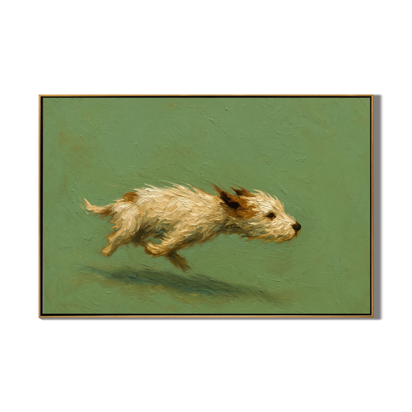Free Spirit Run – Sage Green Minimalist Impasto Dog Oil Painting | Modern Cozy Pet Theme Hallway Art