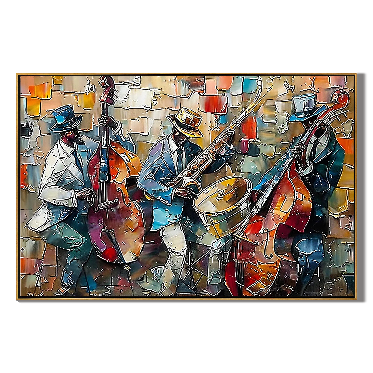 SOULFUL NOTES: People Portrait Wall Art, Hand-Painted Abstract Jazz Bassist Performance Textured Studio Gallery Art