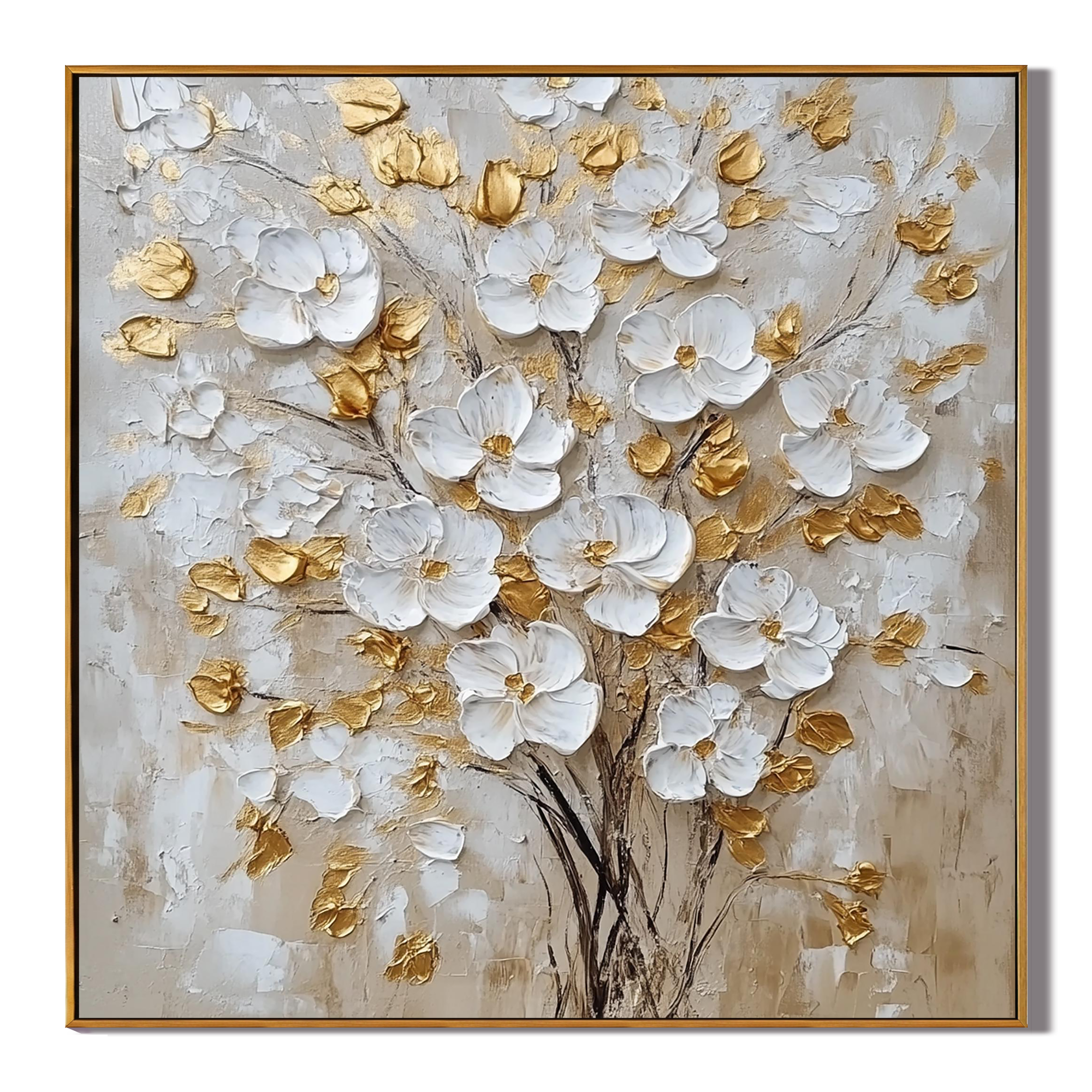GOLDEN BLOOM: Floral Wall Art, Hand-Painted White and Gold Foil 3D Relief Plaster Effect Heavy Texture Studio Art