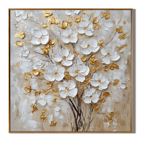 Golden Bloom – Hand-Painted White and Gold Foil 3D Relief Plaster Effect Floral Painting | Modern Luxury Botanical Bedroom & Living Room Art