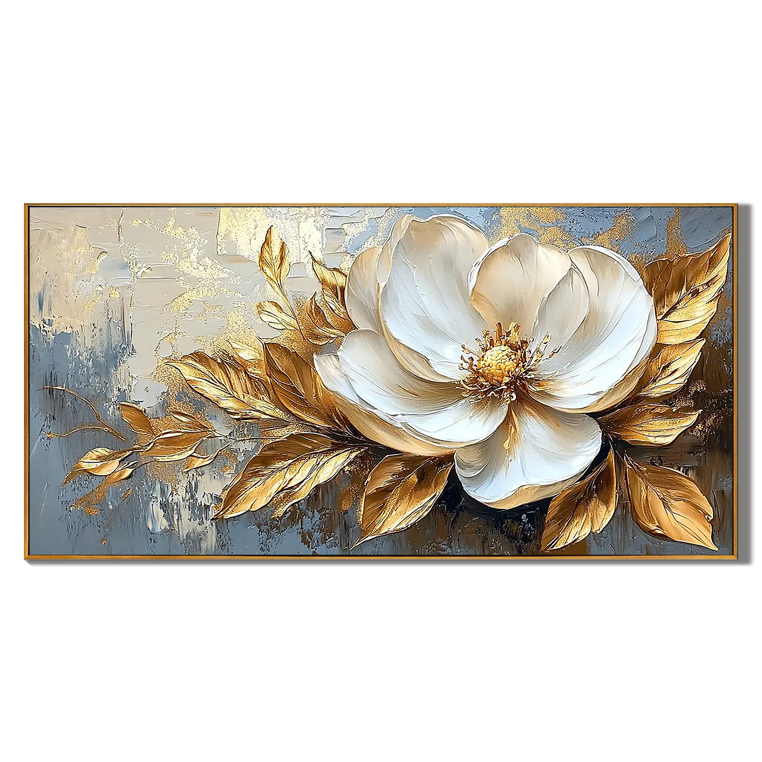 GOLDEN MAGNOLIA: Floral Wall Art, Luxury Gold Leaf 3D Magnolia Hand-Painted Heavy Texture Canvas Painting