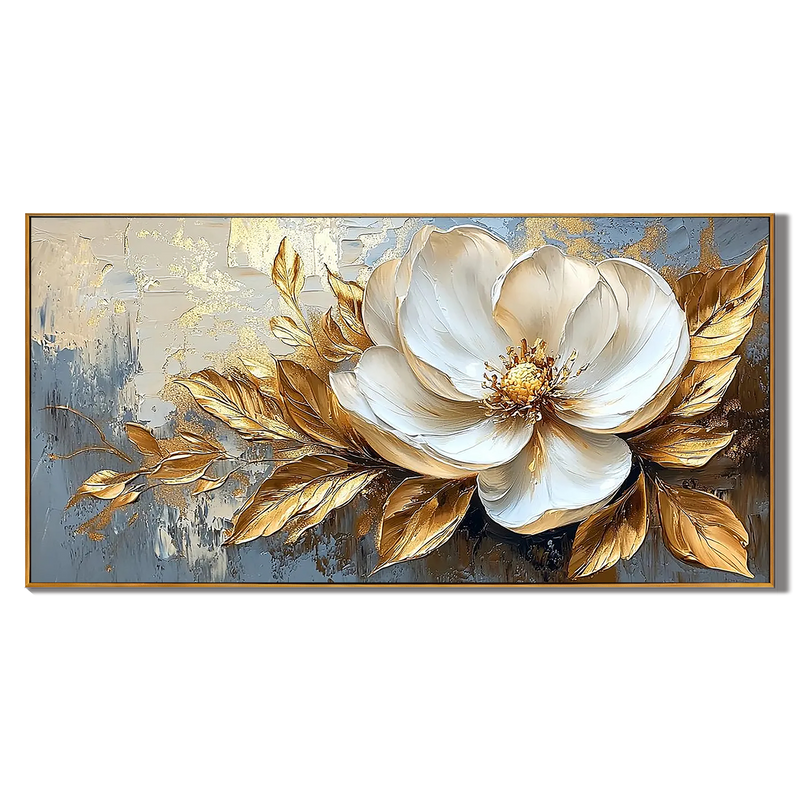 Golden Magnolia – Luxury Gold Leaf 3D Magnolia Hand-Painted Floral Painting | Modern Luxury Botanical Bedroom & Living Room Art