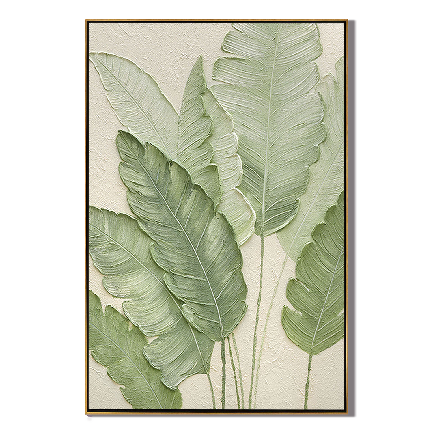 TROPICAL CALM: Floral Wall Art, Hand-Painted Banana Leaf Plaster Relief Minimalist Green Botanical Gallery Art