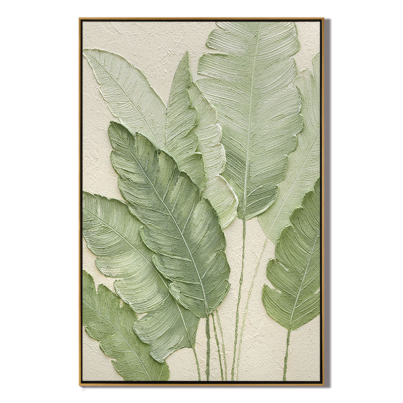 Tropical Calm – Hand-Painted Banana Leaf Plaster Relief Minimalist Green Botanical Floral Painting | Tropical Botanical Bedroom & Dining Room Art