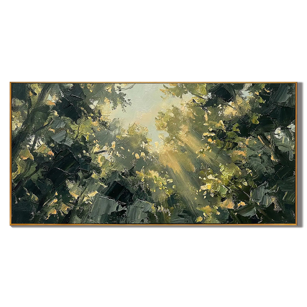 Sunlit Canopy – Hand-Painted Forest Sunlight Impressionist Palette Knife Landscape Painting | Contemporary Landscape Living Room & Dining Room Art
