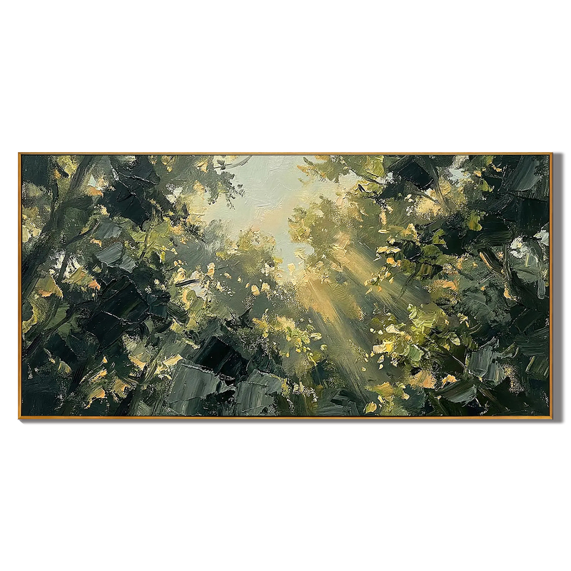 Sunlit Canopy – Hand-Painted Forest Sunlight Impressionist Palette Knife Landscape Painting | Contemporary Landscape Living Room & Dining Room Art
